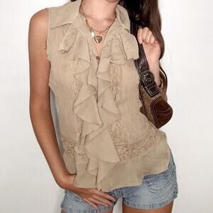Y2k deadstock cream ruffle crochet blouse